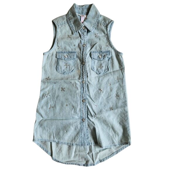 Japna Kids Light Wash Denim Studded Floral Sleeveless Button down Tunic Top Sz 7 - Picture 1 of 12